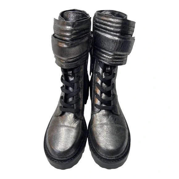 DKNY Women's Gunmetal Leather Buckled Quilted Block-Heel Combat Boots Size 6 NWT
